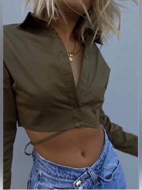 Khaki Button Down Crop Shirt Tie Details